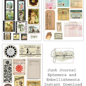 Junk Journal Printable, Vintage Ephemera, Embellishments, Fussy Cut, Digital Download, Tags, Flowers, Films, Joanna Jeanne Creation image 2