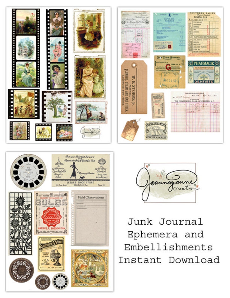 Junk Journal Printable, Vintage Ephemera, Embellishments, Fussy Cut, Digital Download, Tags, Flowers, Films, Joanna Jeanne Creation image 2