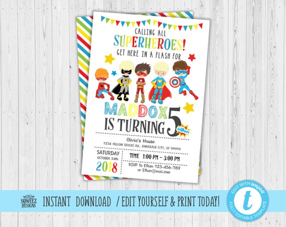 Superhero Invitation, Superhero Avenger Birthday Invitation, Avenger Invitation, Boy Birthday Invitation - Instant Download & Editable Il_570xn