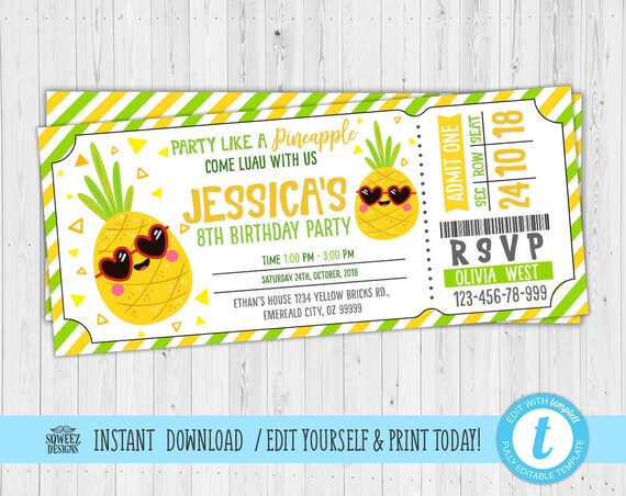 Pineapple Birthday Invitation Luau Party Invite Pineapple