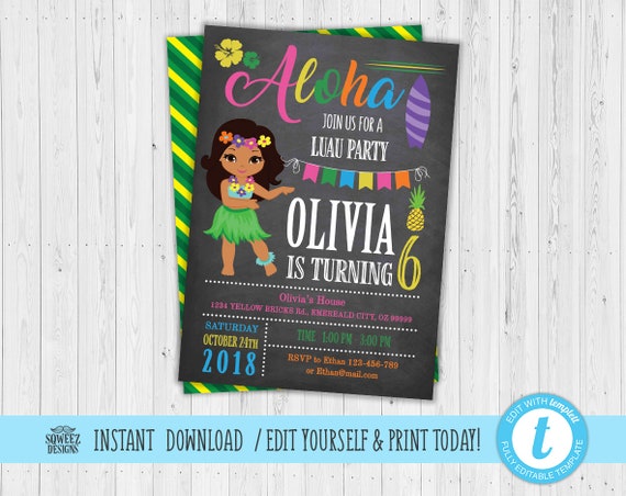 Aloha Luau Birthday Invitation, Luau Invitation, Girl Luau Party Invitation, Hawaiian Party - Instant Download & Editable File - Templett Il_570xn