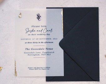 Wedding Invitations | Vellum and Gold Leaf Wedding Invitations | Minimalist Invites | Evening Reception | MIDASWI01