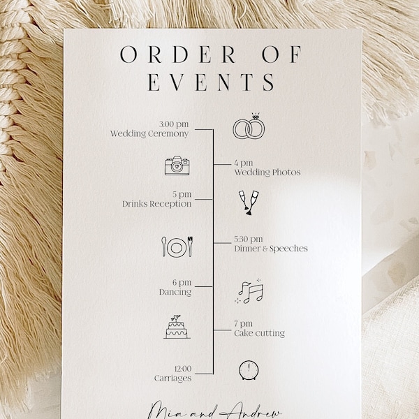 Orden del día de la boda / Cronología personalizada / Tarjeta de información detallada del día de la boda / Página de inserción de invitación / Cronología del día de la boda