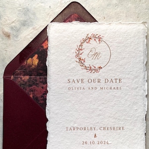 Faire-part de mariage de luxe avec bord déchiré, faire réserver votre date rouge foncé, papeterie de mariage automne, faire-part avec bord déchiré, bord déchiré