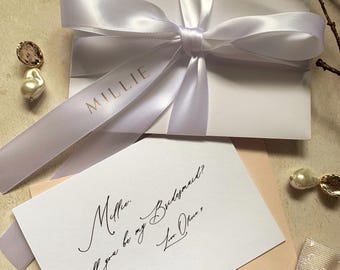 Personalised Bridesmaid Proposal Card with White Foil Ribbon, Maid of Honour Gifts, Bridal Party Card, Will You Be My Bridesmaid Proposal