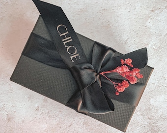 Personalised Gift Tag Ribbons, Black Party Decor, Personalised Gift Wrapping, Custom Gift Tags, Personalised Satin Ribbon Bows
