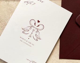 Swan Save The Date Wedding Invitations, Printed Burgundy A6 Invites with hand drawn vintage swans