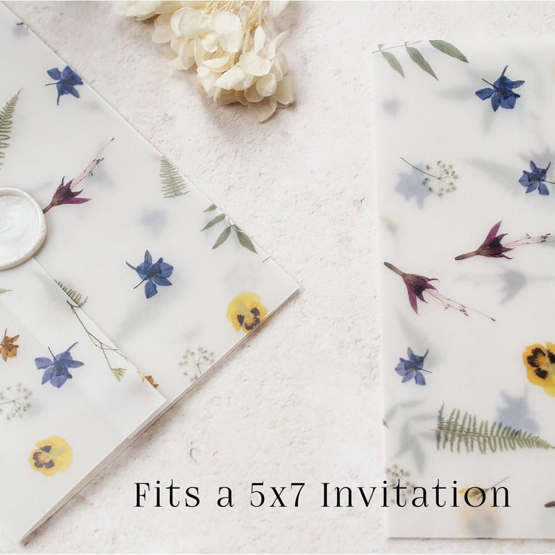 Printed Vellum Wedding invitation Jacket With Pressed Flower Design, Wedding Paper Wrap for Custom Wedding Invites and DIY Birthday Invites