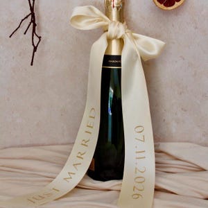 Personalised Wedding Champagne Bottle Ribbon, Couple Gift, Engagement Gifts, Just Married Bow, Wedding Present, Ivory Satin Gold Foiled Bow