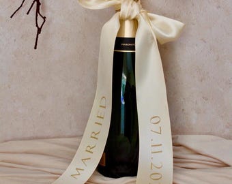 Personalised Wedding Champagne Bottle Ribbon, Couple Gift, Engagement Gifts, Just Married Bow, Wedding Present, Ivory Satin Gold Foiled Bow