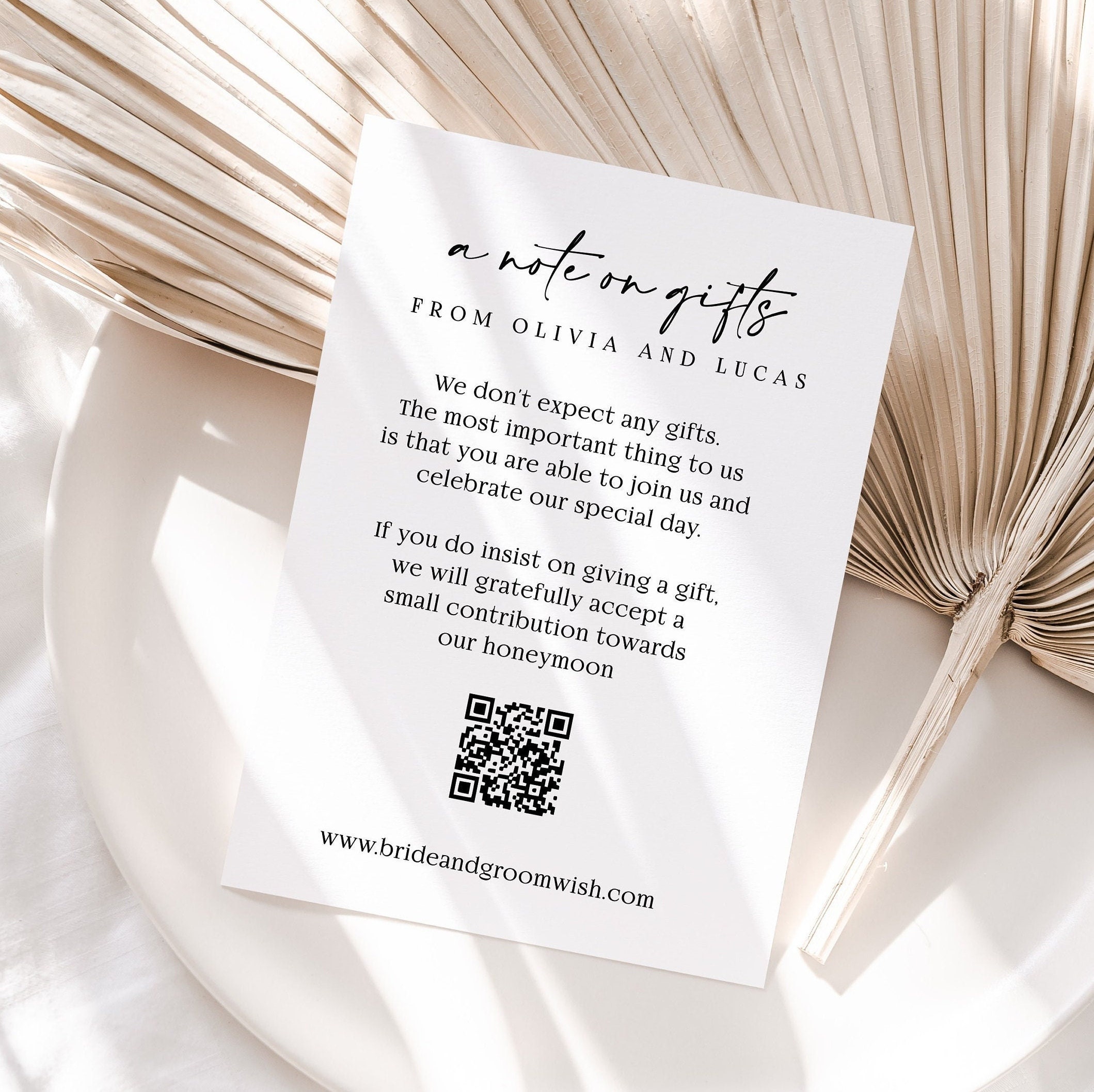 Gift Note Insert Honeymoon Gift Fund Insert Cards | Wedding QR Code | A Note on Gifts ...