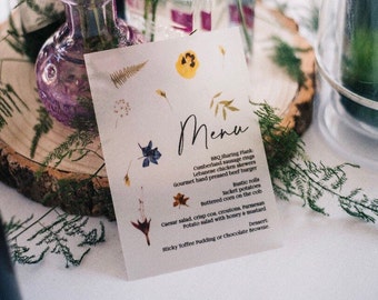 Wild Flower Wedding Menu Cards | Personalised Wedding Dinner Menu | Summer On The Day Wedding Stationery | Pressed Flowers Table Decorations