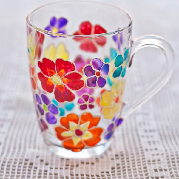 Hand painted multicolor rainbow flowers Floral coffee tea mug Mothers day gift Personalized for her Stained glass Custom design