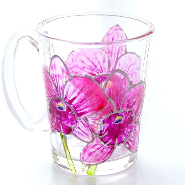 Cattleya handpainted stained glass mug Flower floral mug Custom color Transparent cappuccino plant cup Orchid lovers gift Personalized mug