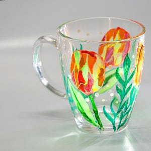 Tulip hand painted mug Floral hot coffee tea mug Mothers day gift Personalized spring flowers cup for her Stained glass Custom design