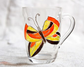 Hand painted orange butterfly mug Stained glass cup decor Transparent glass Inspirational personalized mug Cool floral coffee mugs