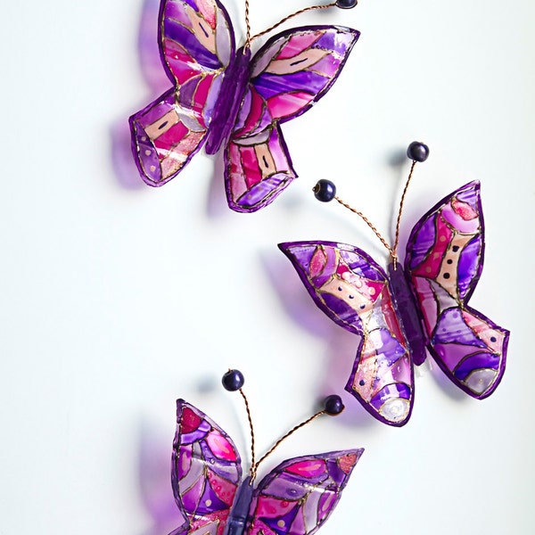 Purple wedding decor 3D butterfly OOAK Set of 3 butterflies Stained glass bouquet Window Nursery Wall art suncatcher fantasy art Custom set