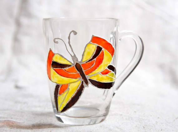 Hand Painted Orange Butterfly Mug Stained Glass Cup Decor Transparent Glass  Inspirational Personalized Mug Cool Floral Coffee Mugs 