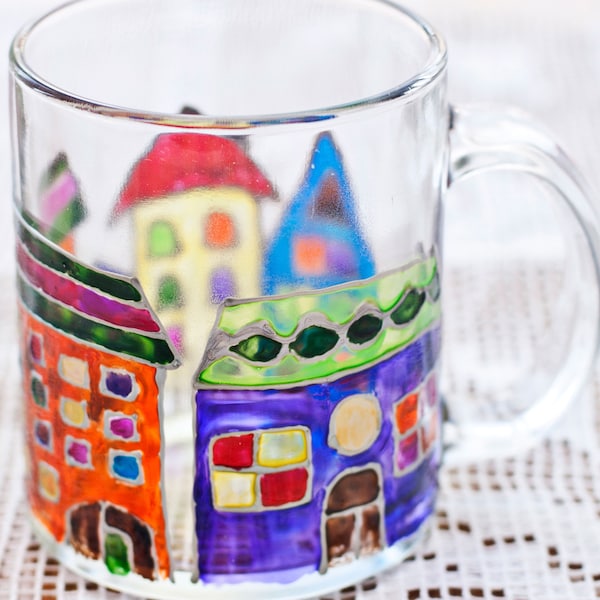 Europese huizen mok veelkleurige Thee koffiemok Hand geschilderd Glas in lood beker Inspiratie glas cappuccino Perfect cadeau Schattige architectuur mok