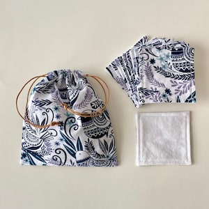 Eco-Friendly Cotton Squares - Set of 10 Pads with Storage Bag - Zero-Waste Washable Makeup Remover Pads - Green Navy Birds