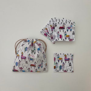 Eco-Friendly Cotton Squares - Set of 10 Pads with Storage Bag - Zero-Waste Washable Makeup Remover Pads - Tiny Llamas