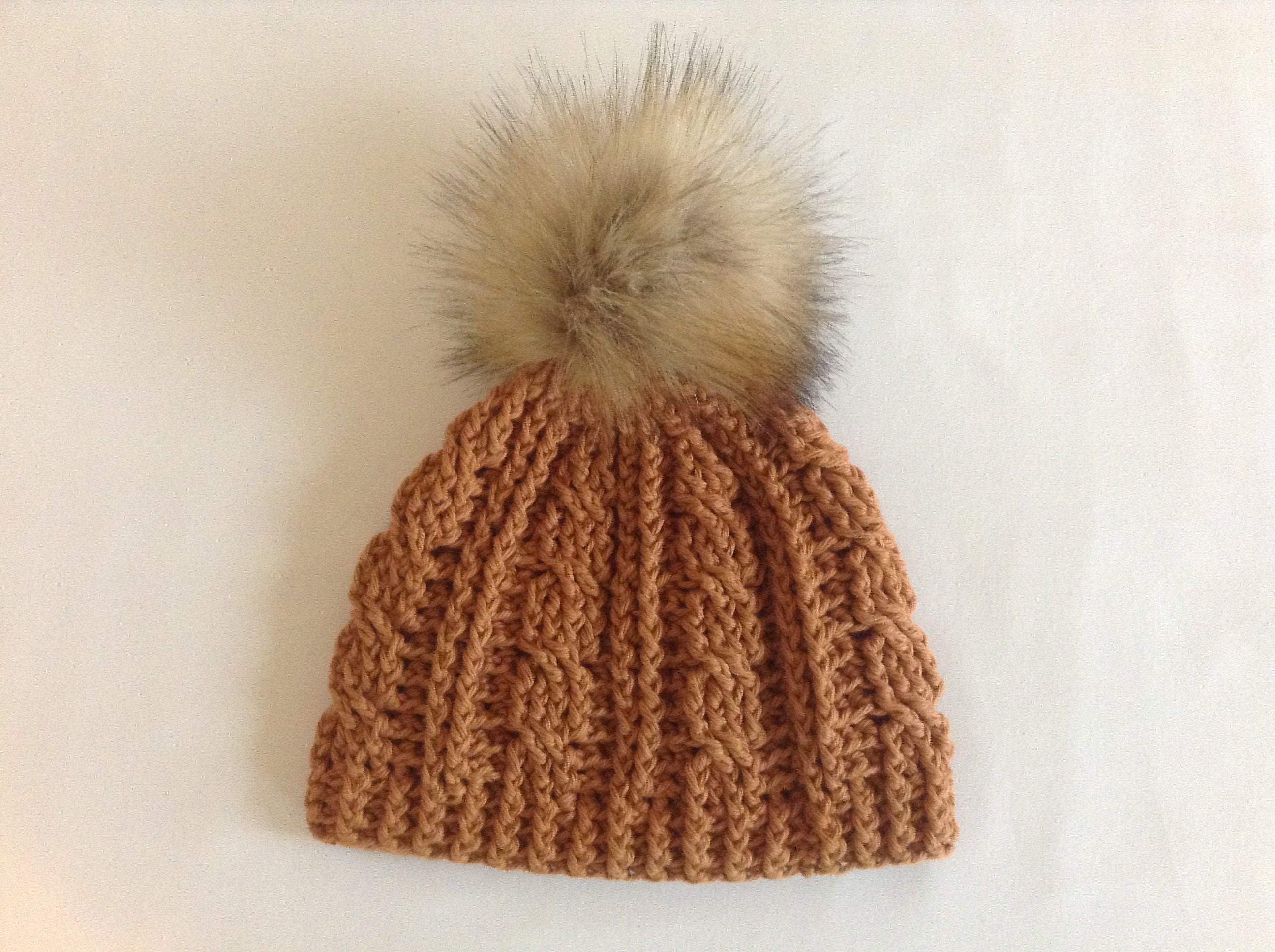 Cotton Cable Crochet Hat With Faux Fur Pom - Antique Gold - Etsy display picture 3