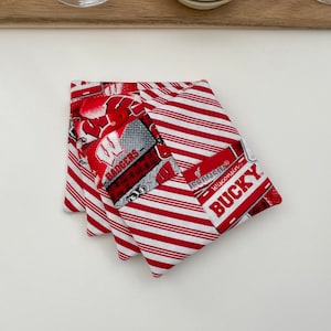 Square Cotton Coasters with bonus Wine Glass Pocket - Set of 4 - WI Badgers and Red Stripe