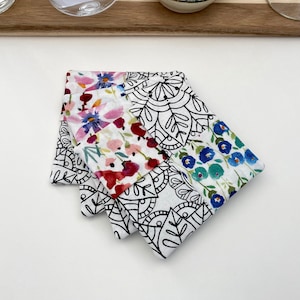 Cotton Coasters Set of 4: Watercolor Floral & Geo Pattern with Wine Glass Pocket