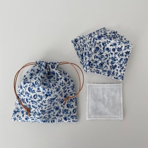 Eco-Friendly Cotton Squares - Set of 10 or 20 Pads with Storage Bag - Zero-Waste Washable Makeup Remover Pads - Dainty Blue Floral