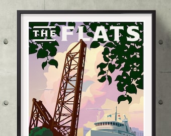 Pode incluir: Um cartaz de viagem vintage com uma ilustração estilizada de um navio e uma ponte em frente a um pôr do sol rosa e roxo. O texto "THE FLATS" está em letras brancas sobre fundo preto. O texto "HISTORIC DOWNTOWN CLEVELAND" está na parte inferior do cartaz.