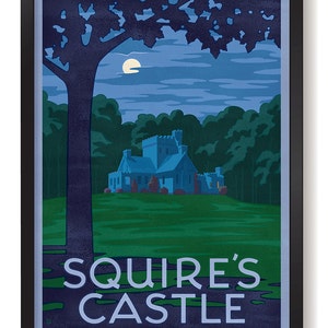 May include: A vintage-style poster featuring a blue castle with a moon in the background. The text reads "Squire's Castle" and "Cleveland's Emerald Necklace, North Chagrin Reservation".