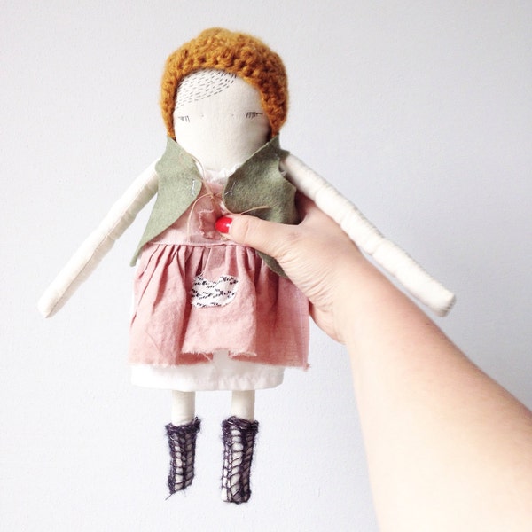 Natural child Britta, crochet pixie bonnet, avocado dyed apron, New line Puppa doll, hand embroidered christmas gift