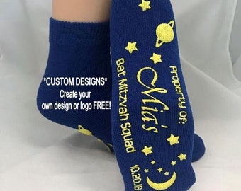 Bat Mitzvah Grippy Socks *FREE CUSTOM DESIGN!* - Grippy Socks, Bat Mitzvah Socks, Mitzvah Party Socks, Custom Mitzvah Favors, Party Socks