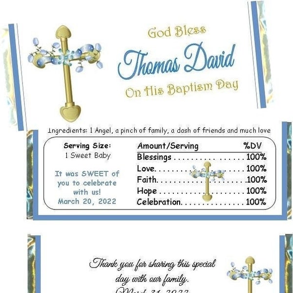 Boys Cross Baptism Candy Bar Wrappers (Set of 18) FREE FOIL! Boys Baptism Favors, Baptism Christening Favors, Baptism Candy Wrapper Favors