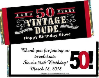 Vintage Dude 50th Birthday Candy Bar Wrappers or DIGITAL FILE (Set of 18) Free Foil! 50th Birthday Party Favors, 50th Birthday Favors, Wraps