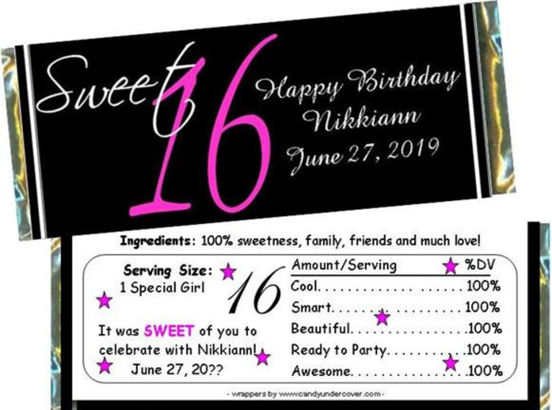 Pink and Black Sweet 16 Party Favors Candy Bar Wrapper set of 18 FREE ...