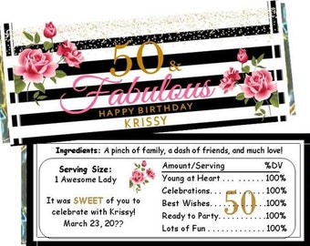 50 and Fabulous! 50th Birthday Candy Bar Wrappers - (Set of 18) FREE FOIL with Wrappers! 50th Birthday Favors, Womans Birthday Favors, 50th