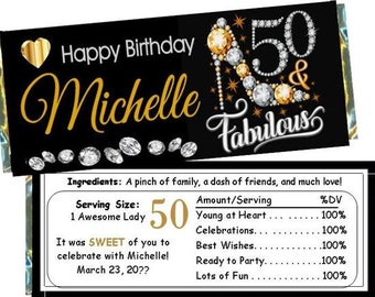 BLING 50 and Fabulous! 50th Birthday Candy Bar Wrappers or DIGITAL FILE (Set of 18) Free Foil! 50th Birthday Favors, Womans 50th Birthday