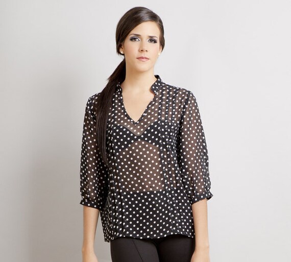 black and white polka dot chiffon blouse