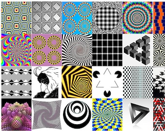 May include: A collage of 24 optical illusion images. The images feature a variety of patterns, shapes, and colors, including black and white, rainbow, and blue and yellow. Some of the images are static, while others are designed to create the illusion of movement.