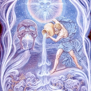May include: A watercolor painting depicting a man pouring water from a pitcher. The water flows down into a pool of water with lotus flowers growing in it. The painting is set against a background of a starry sky with a sun and a skull.