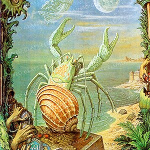 Puede incluir: Un cangrejo verde con una gran concha naranja y marrón se encuentra en una playa con un cofre del tesoro y otros objetos. El cangrejo está rodeado de un cielo azul con una luna llena y una figura blanca que sostiene un arco y una flecha.
