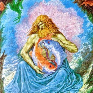 May include: A bearded man with long blonde hair sits on a blue cloth, holding two fish. The fish are intertwined, one is orange and the other is blue. The background is a colorful underwater scene with coral and seaweed.