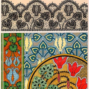 Puede incluir: Ilustración de estilo Art Nouveau con un borde de encaje negro en la parte superior. Debajo, un panel vertical con patrones florales y geométricos en naranja, verde y azul. También hay un diseño circular con hojas verdes y flores rojas.