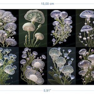 Fungi Fantasy keramiska dekaler smältbara transfers för keramik, glas, fusing, emaljering, bränning, 750-850ºC, 1400-1562 ºF, botanisk gelé, svamp AI