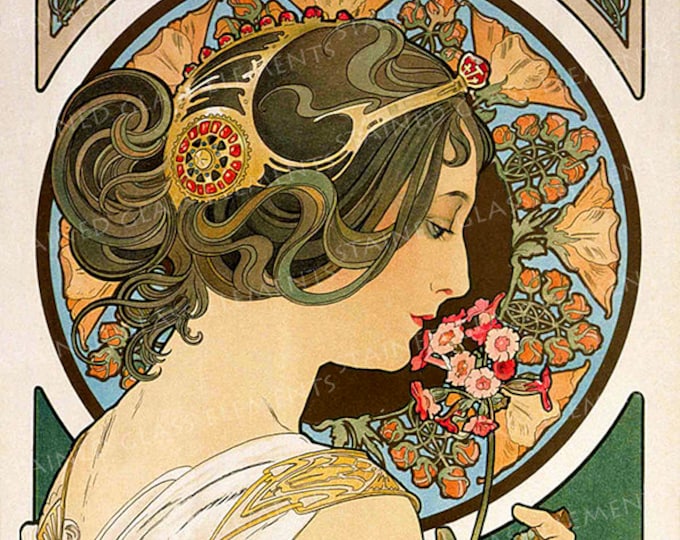 Mucha ceramic decals, Alphonse Mucha, art nouveau ceramic decals, image transfers, Primrose, decals glass, decals for ceramics, enamelling