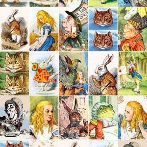 May include: A collage of illustrations featuring characters from Alice in Wonderland. The images include Alice, the Mad Hatter, the Cheshire Cat, the White Rabbit, and other whimsical figures in a colorful, vintage style.