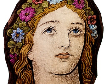 Stained glass fragment, Pre-Raphaelite stained glass, stained glass, Preraphaelites, vintage stained glass, glass painting, flower girl