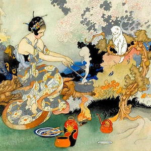 May include: A woman in a patterned robe sits by a fire, stirring a pot with a ladle. A white cat sits on a branch above her. There are several small dishes and a teapot on the ground near the fire.