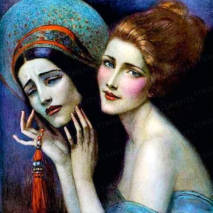 Könnte beinhalten: Ein Gemälde, das zwei Frauen zeigt, eine mit einem blauen Turban und die andere mit einem roten Stirnband. Die Frau mit dem Turban hält sich das Gesicht in den Händen, während die andere Frau sie mit besorgtem Ausdruck ansieht.